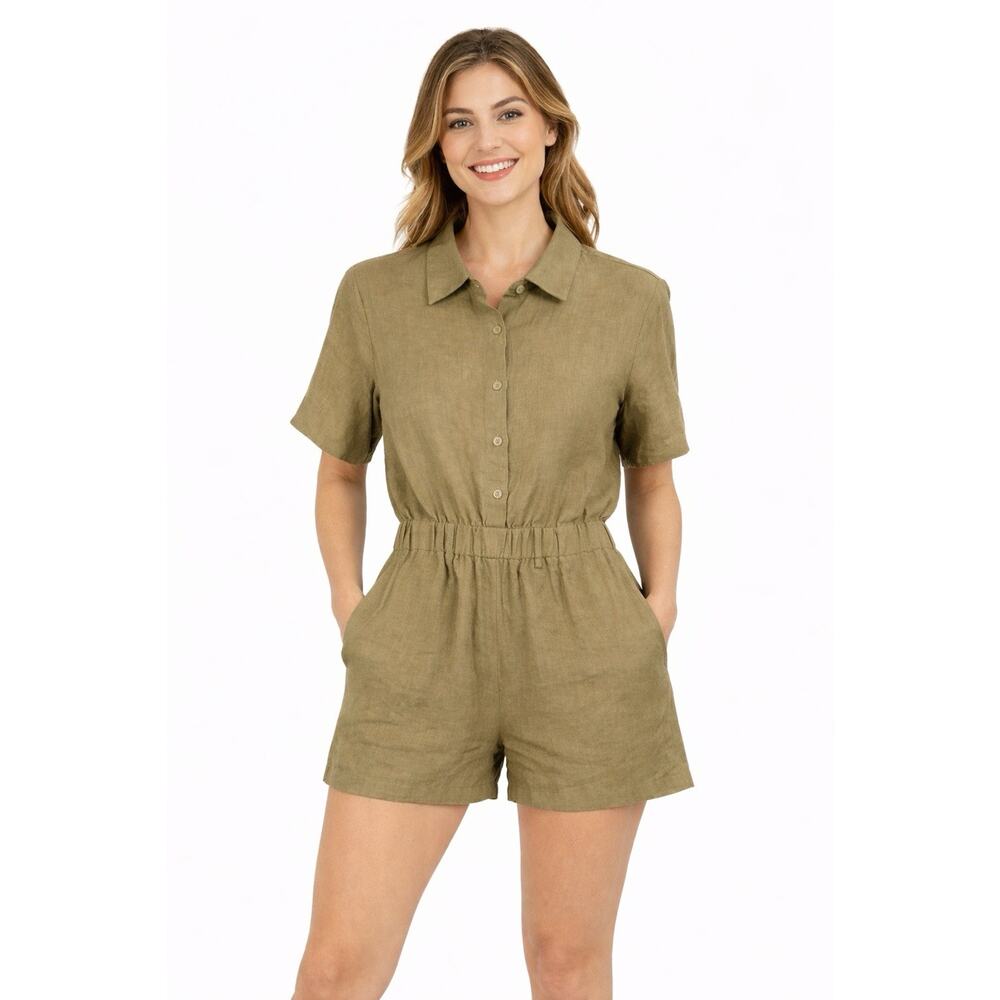 VRG Grl 100% Linen Green Romper Lagenlook Coastal Pockets NEW Womens 8